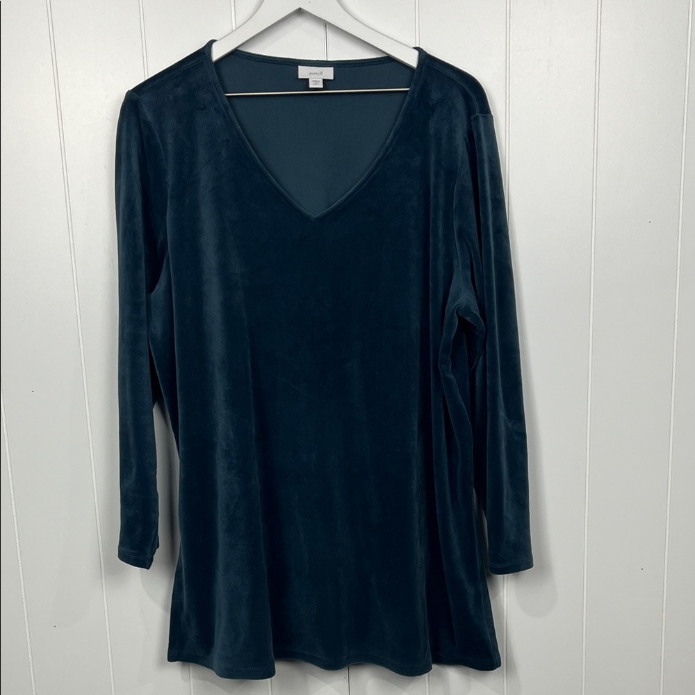 Pure Jill Womens Top XLP Dark Teal Vneck Long Sleeves Velvet like Side Slits EUC